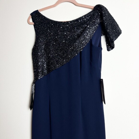 JS Collection Kennedy Draped Mermaid Maxi Dress Gown Navy NWT Sequins Sz 6 - Picture 4 of 16